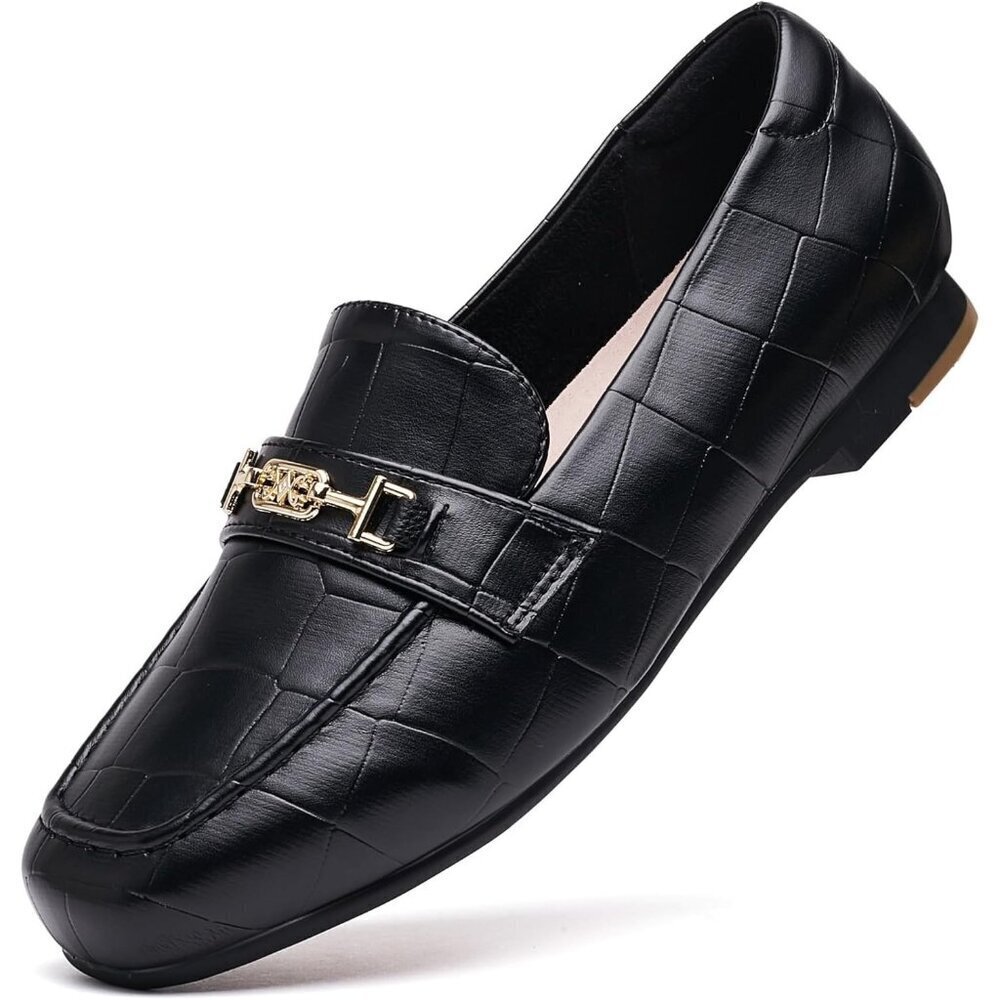 Women Black Stone Polyurethane Accent Buckle Leisure Slip On Walking Flats Shoes